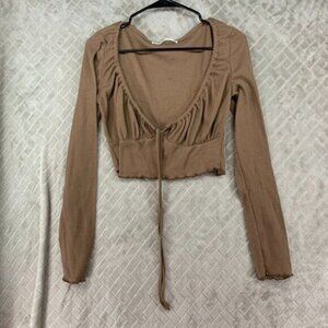 Salty Womans Large Crop Top Shirt Brown Waffle Knit Long Sleeve V Neck